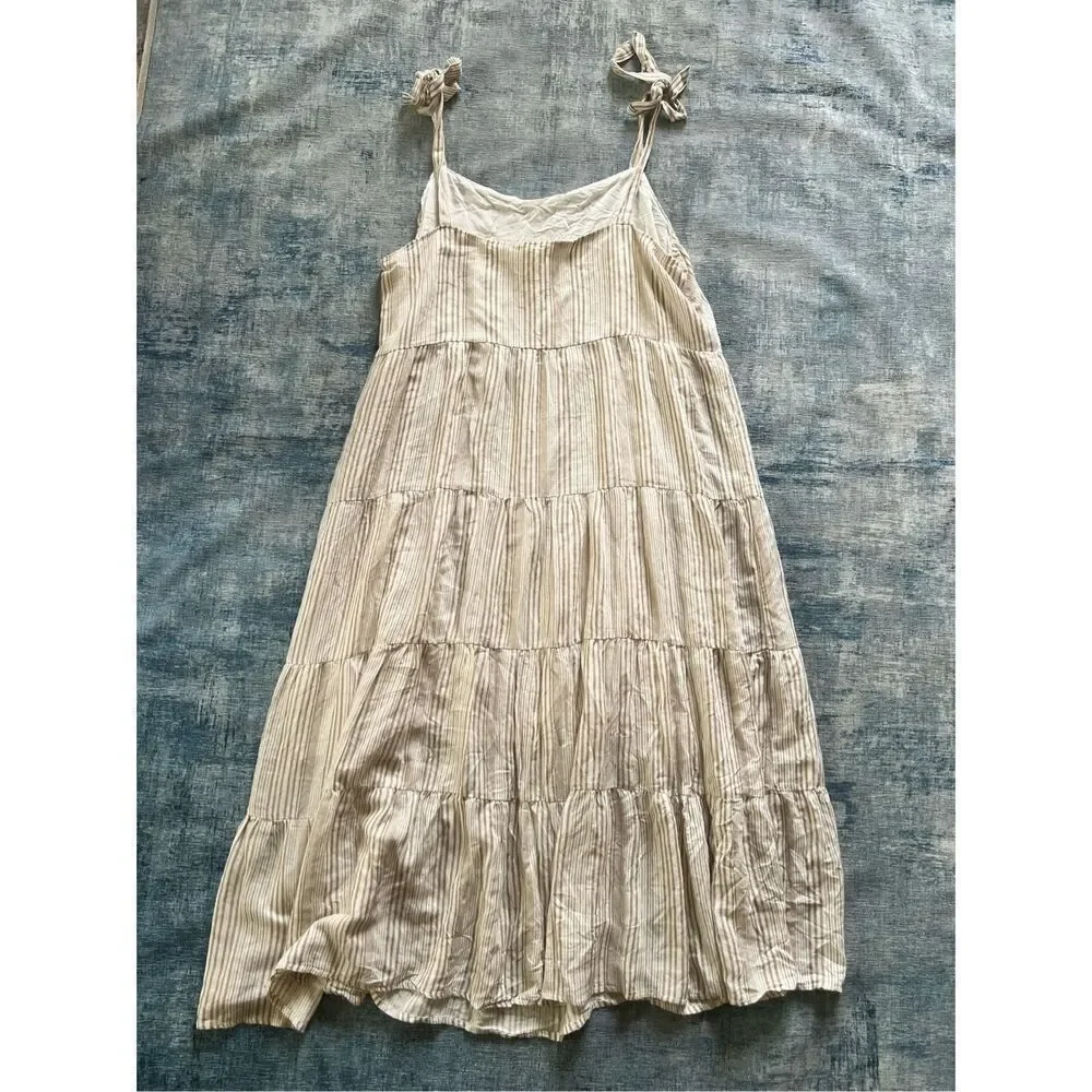 Caslon Ivory Khaki Stripe Tie Shoulder Tiered Sundress Size 1X - Picture 3 of 11